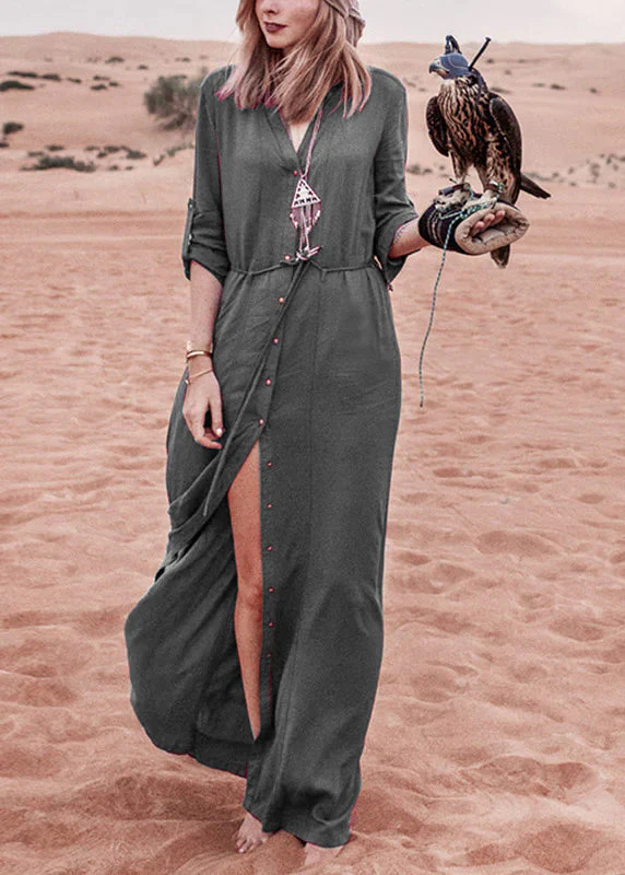 Slim Fit Mulberry-cashew pattern V Neck Tie Waist Button Ankle Holiday Dress Long Sleeve - Image 8