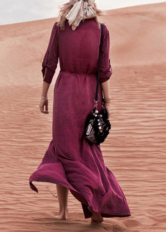 Slim Fit Mulberry V Neck Tie Waist Button Ankle Holiday Dress Long Sleeve - Image 2