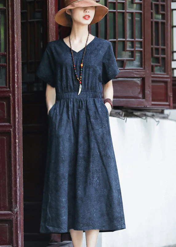 Slim Fit Navy Cinched Elastic Waist Pockets Cotton Dresses Short Sleeve - Image 2