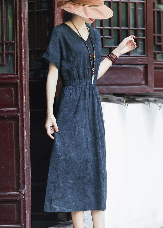 Slim Fit Navy Cinched Elastic Waist Pockets Cotton Dresses Short Sleeve - Image 3