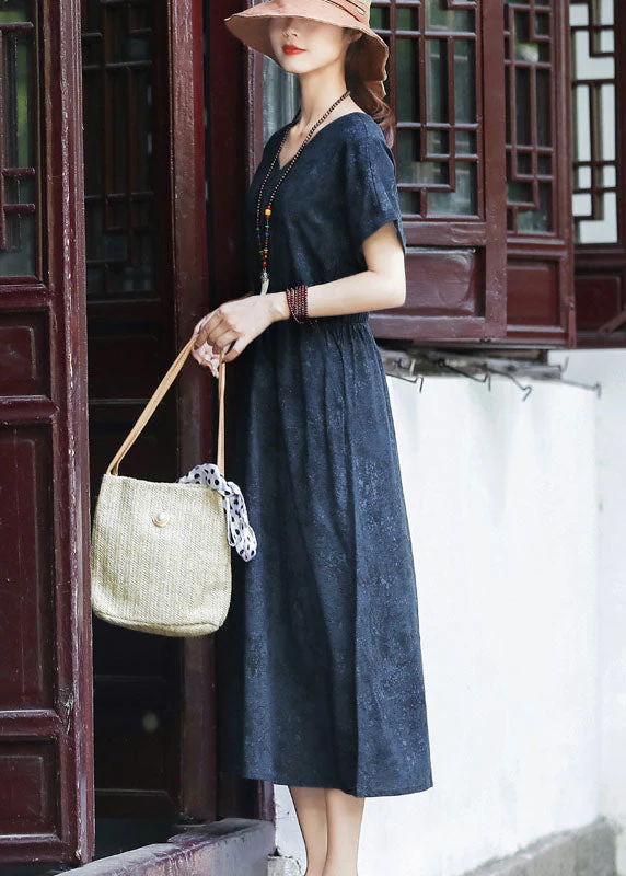 Slim Fit Navy Cinched Elastic Waist Pockets Cotton Dresses Short Sleeve - Image 4