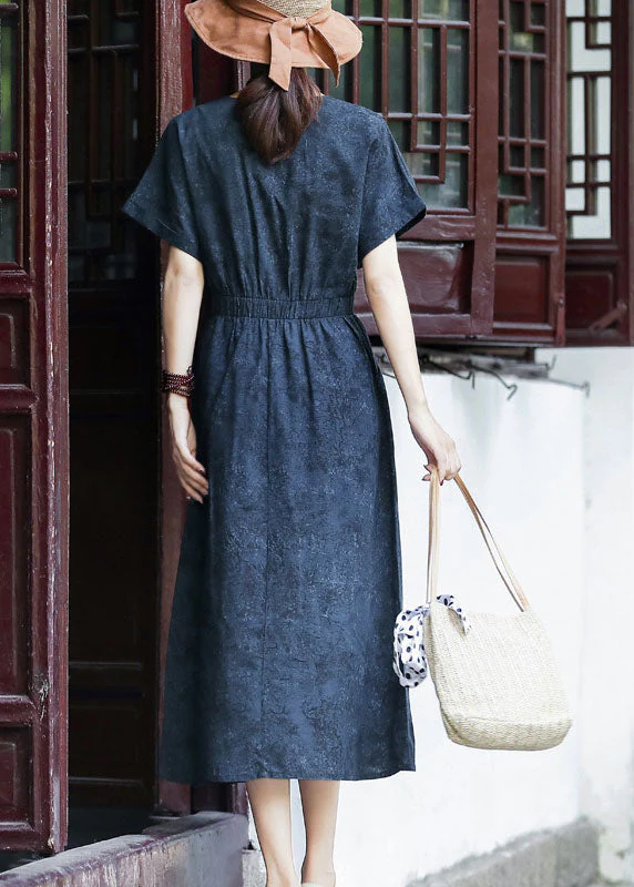 Slim Fit Navy Cinched Elastic Waist Pockets Cotton Dresses Short Sleeve - Image 5