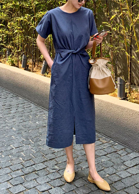 Slim Fit Navy O-Neck Pockets Patchwork Dress Short Sleeve - Image 2