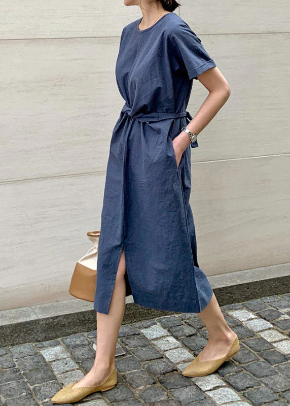 Slim Fit Navy O-Neck Pockets Patchwork Dress Short Sleeve - Image 3