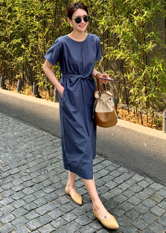 Slim Fit Navy O-Neck Pockets Patchwork Dress Short Sleeve - Image 4