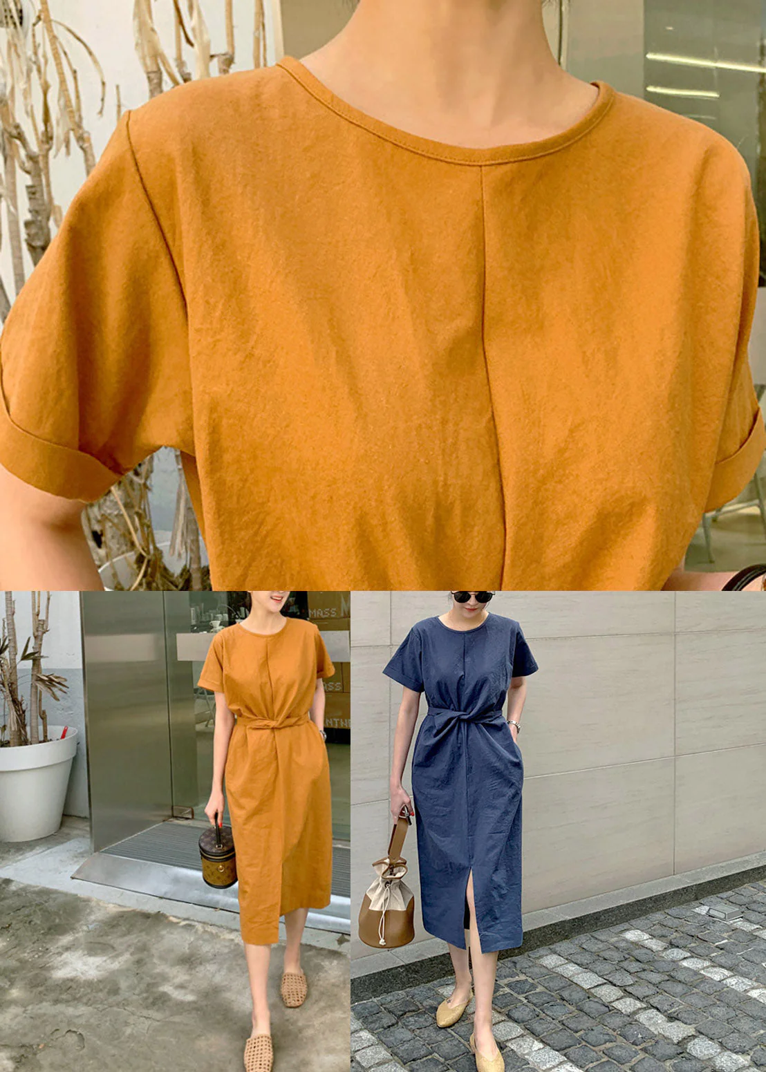 Slim Fit Navy O-Neck Pockets Patchwork Dress Short Sleeve - Image 5