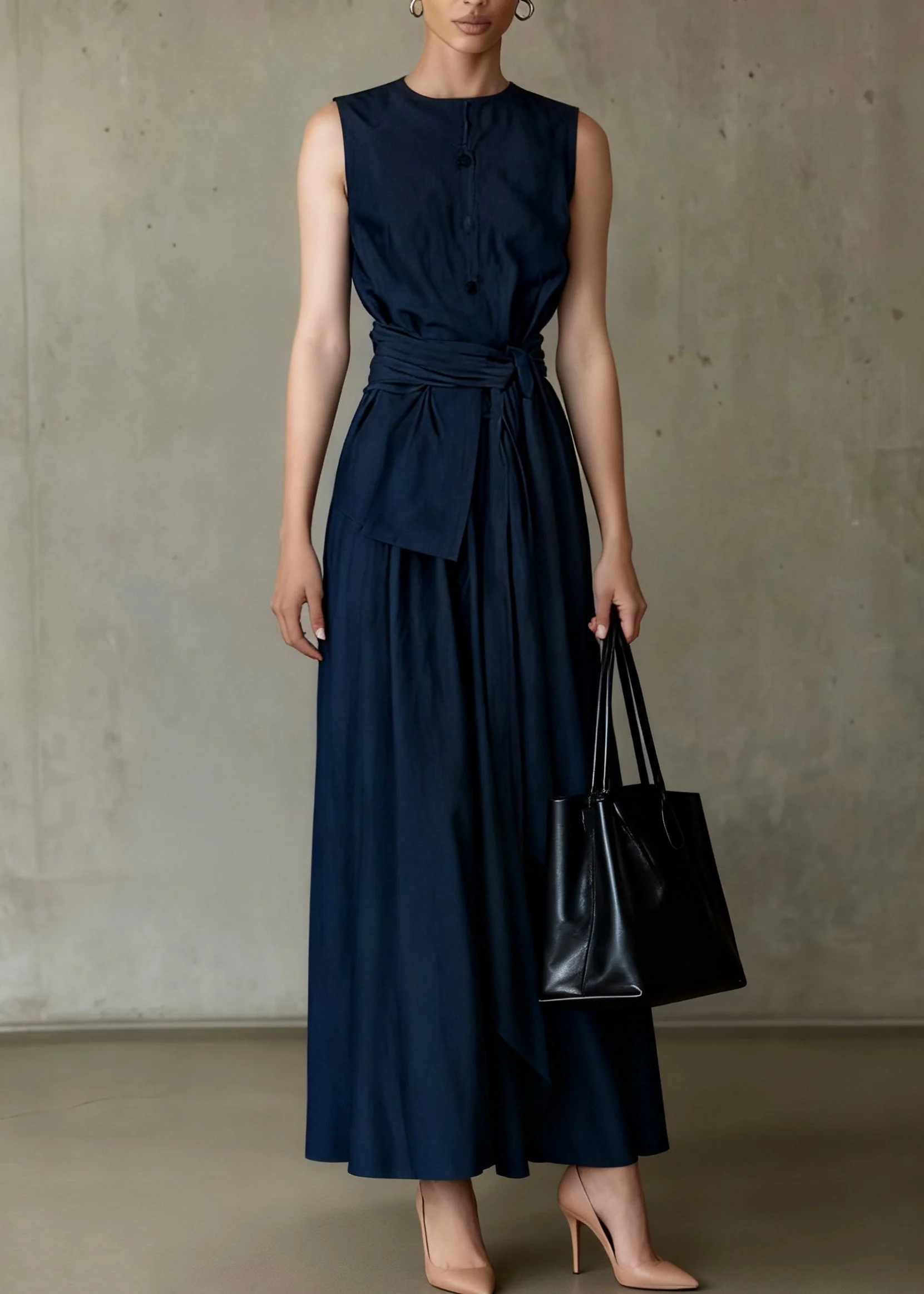 Slim Fit Navy Tie Waist Tops And Skirts Denim Two Piece Set Sleeveless - Image 3