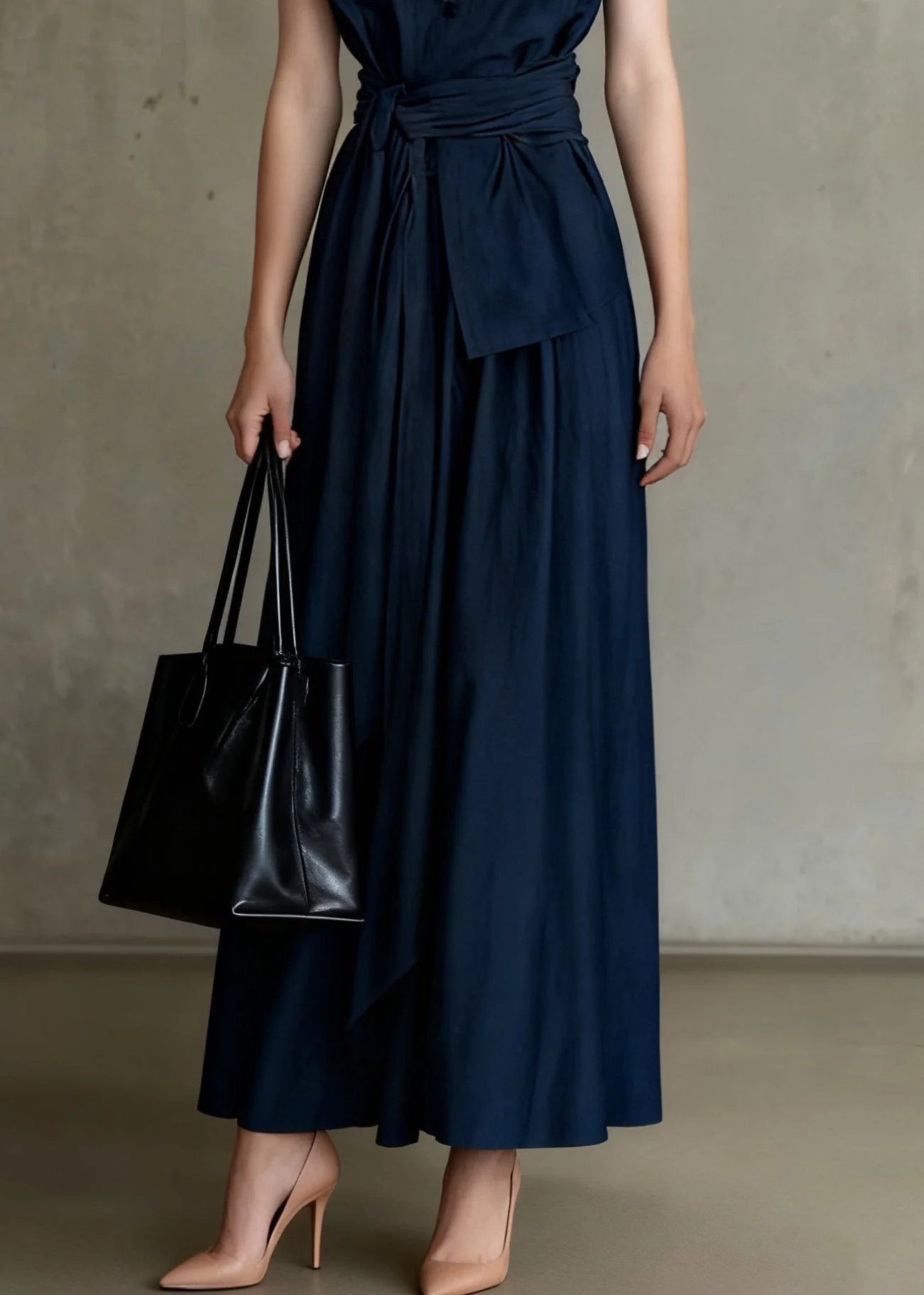 Slim Fit Navy Tie Waist Tops And Skirts Denim Two Piece Set Sleeveless - Image 4