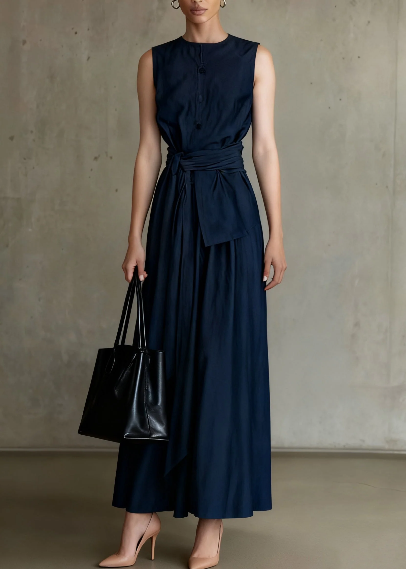 Slim Fit Navy Tie Waist Tops And Skirts Denim Two Piece Set Sleeveless - Image 5