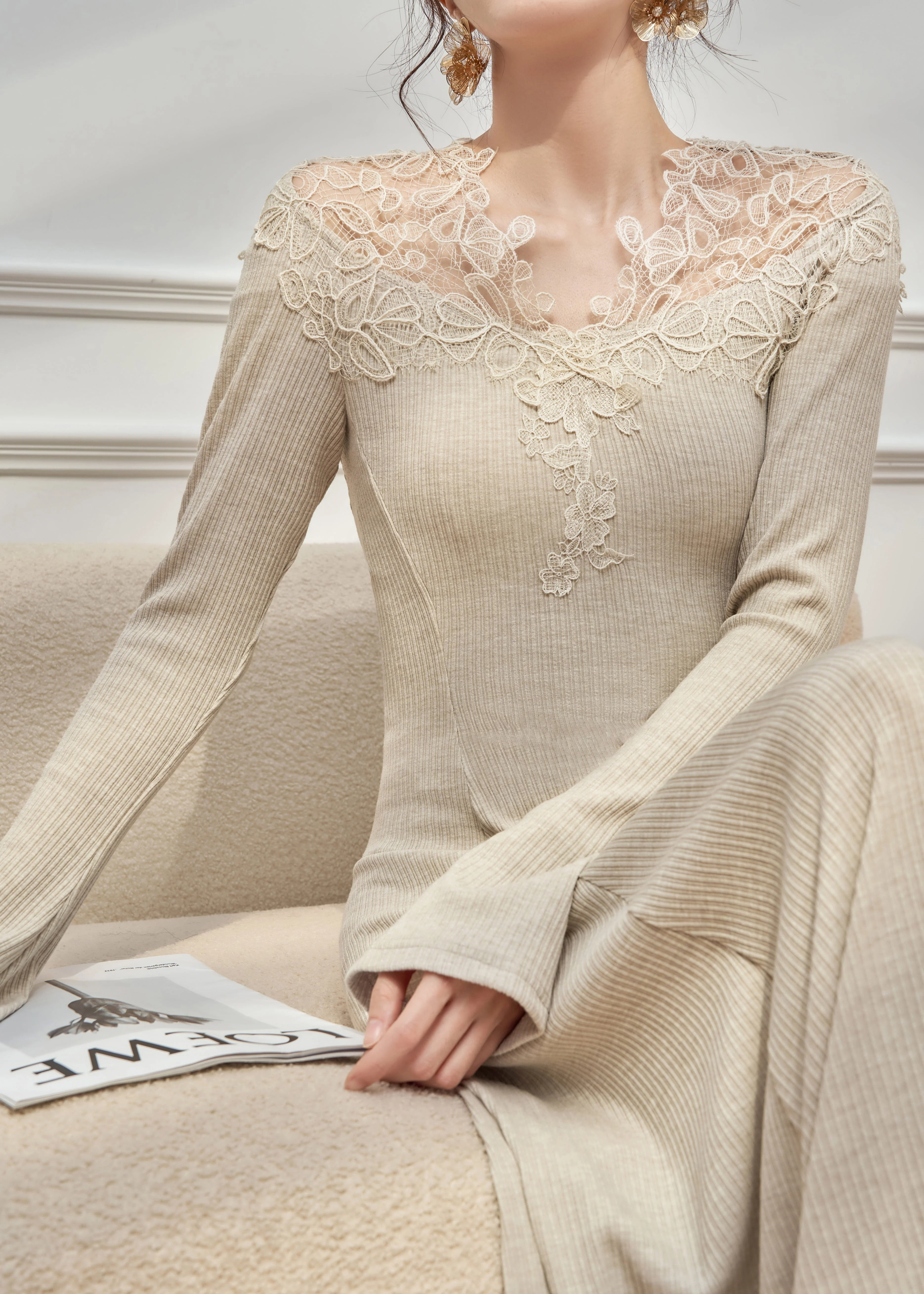 Slim Fit Oatmeal Lace Patchwork Knit Maxi Dresses Flare Sleeve - Image 5