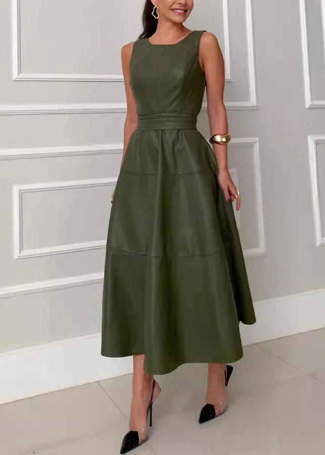 Slim Fit Olive Green Zippered Tie Waist Faux Leather Long Dress Sleeveless - Image 2