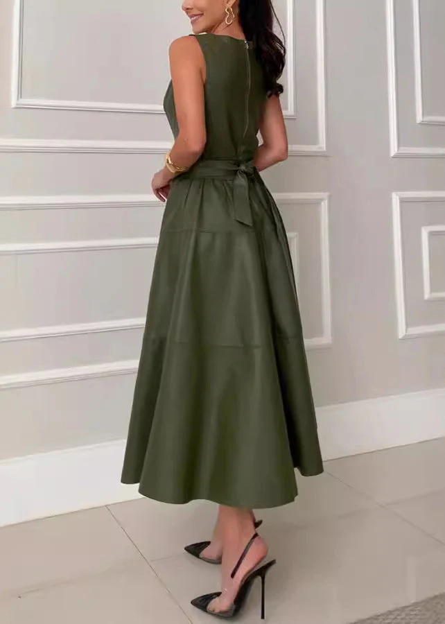 Slim Fit Olive Green Zippered Tie Waist Faux Leather Long Dress Sleeveless - Image 3