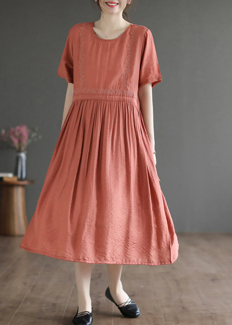 Slim Fit Orange Embroideried Cotton Dresses Summer - Image 3