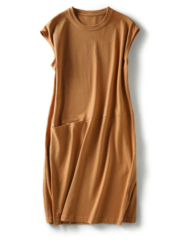 Slim Fit Orange O-Neck Pockets Long Dress Short Sleeve - Image 4