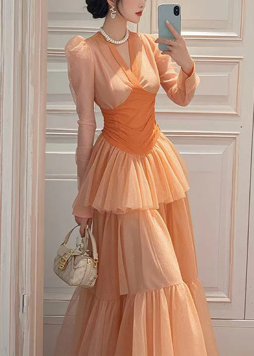 Slim Fit Orange Wrinkled Patchwork Chiffon Long Dresses Spring
