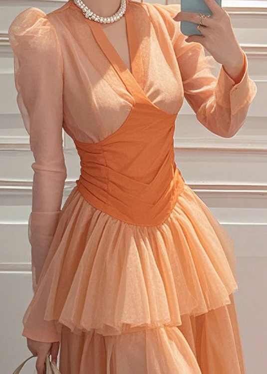 Slim Fit Orange Wrinkled Patchwork Chiffon Long Dresses Spring - Image 3