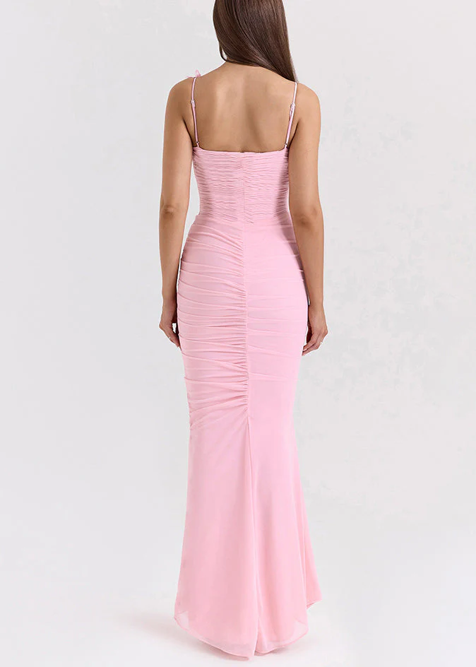 Slim Fit Pink Butterfly Wrinkled Tulle Spaghetti Strap Dress Sleeveless - Image 4
