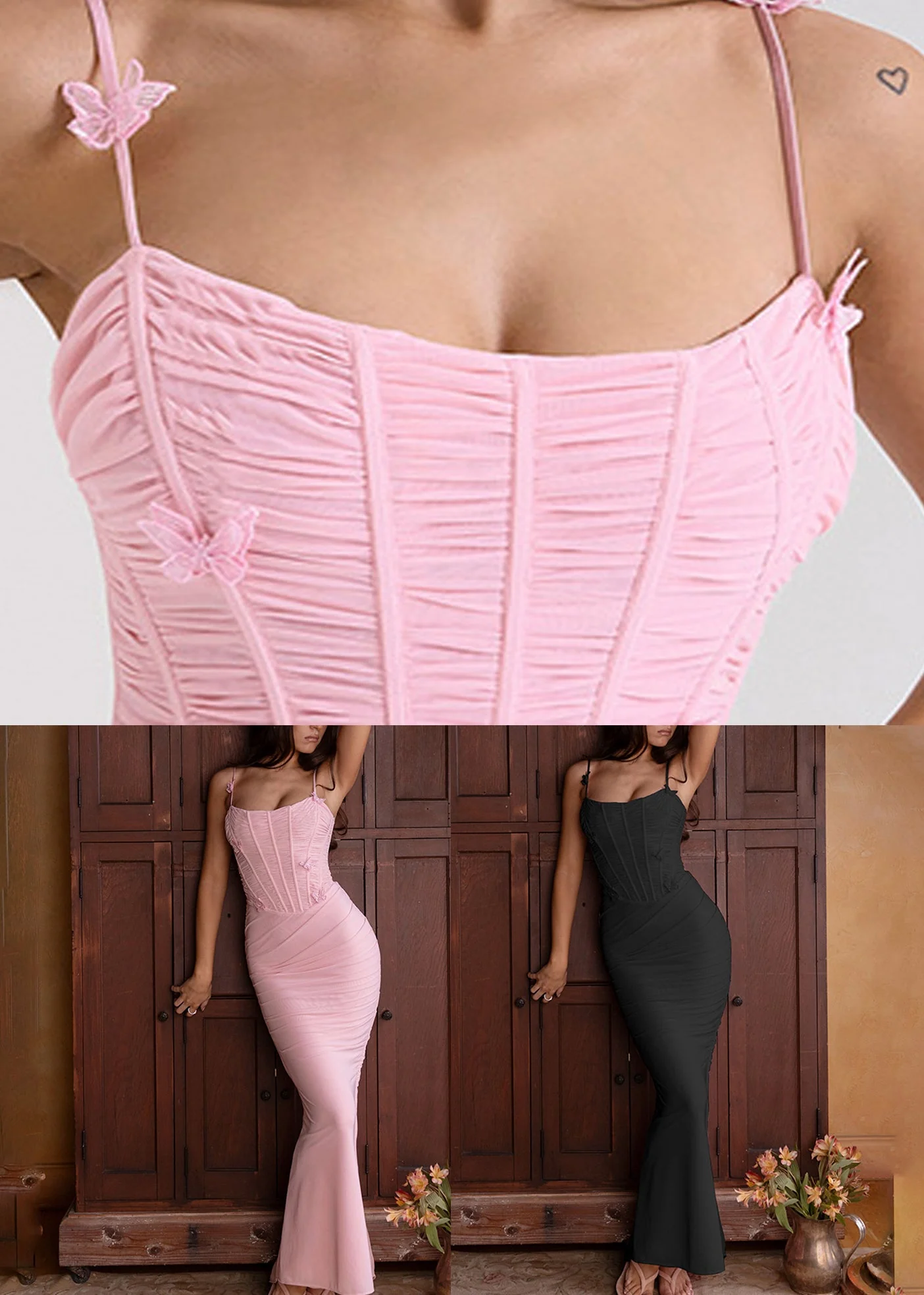 Slim Fit Pink Butterfly Wrinkled Tulle Spaghetti Strap Dress Sleeveless - Image 5
