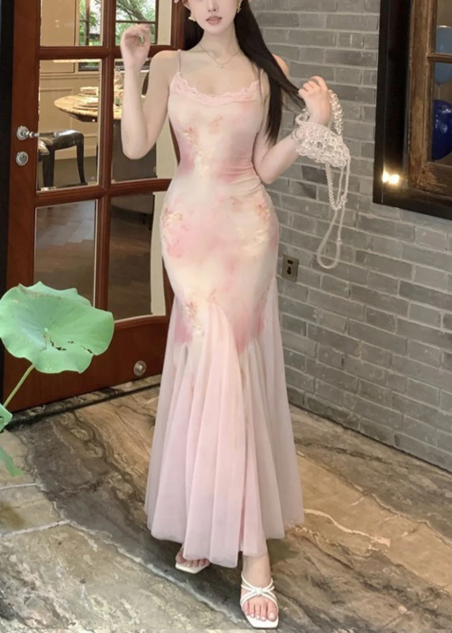 Slim Fit Pink Lace High Waist Tulle Spaghetti Strap Dress Sleeveless - Image 2
