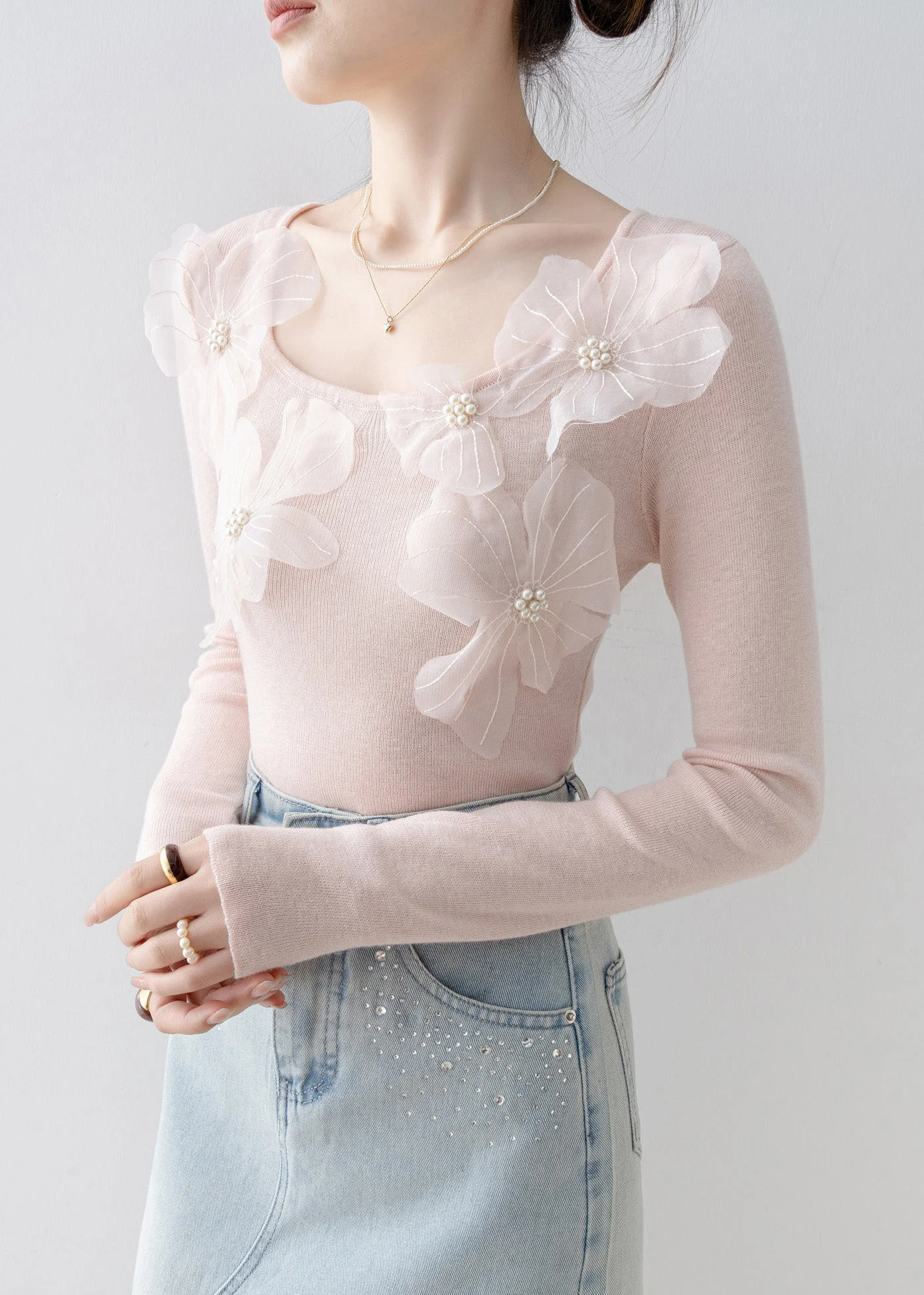 Slim Fit Pink O Neck Floral Nail Bead Knit Top Spring - Image 5