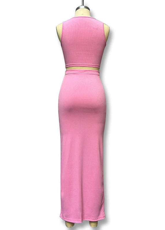 Slim Fit Pink O-Neck Vest And Maxi Skirts Two Piece Set Sleeveless - Image 5