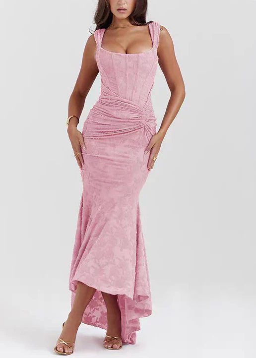 Slim Fit Pink Wrinkled Print Cotton Spaghetti Strap Dress Summer - Image 3