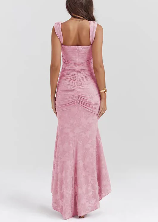 Slim Fit Pink Wrinkled Print Cotton Spaghetti Strap Dress Summer - Image 4