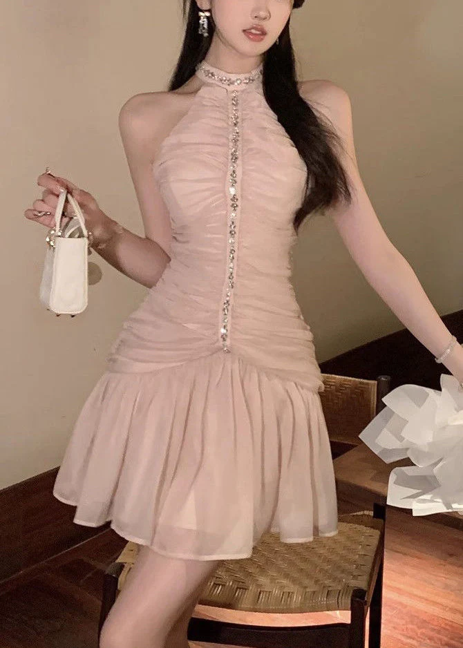 Slim Fit Pink Wrinkled Zircon Chiffon Dress Sleeveless - Image 2