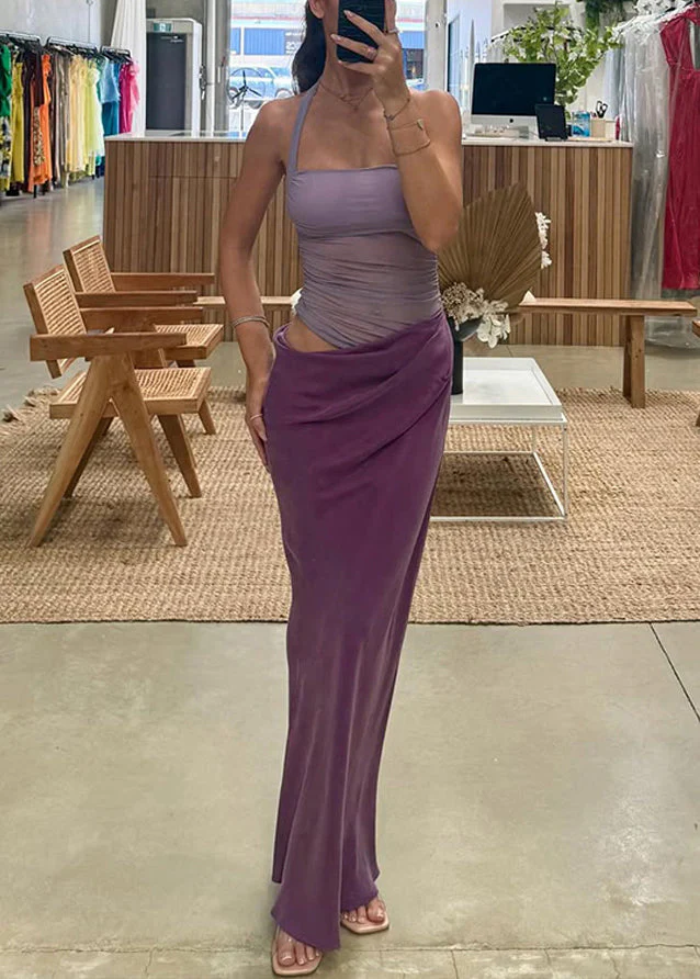 Slim Fit Purple Backless Tulle Patchwork Long Dress Sleeveless - Image 3