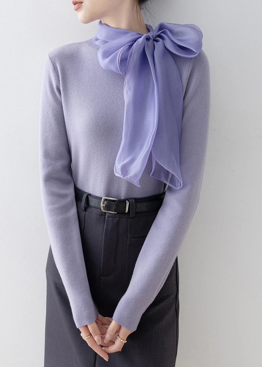 Slim Fit Purple Hign Neck Bow Knit Sweaters Spring - Image 2