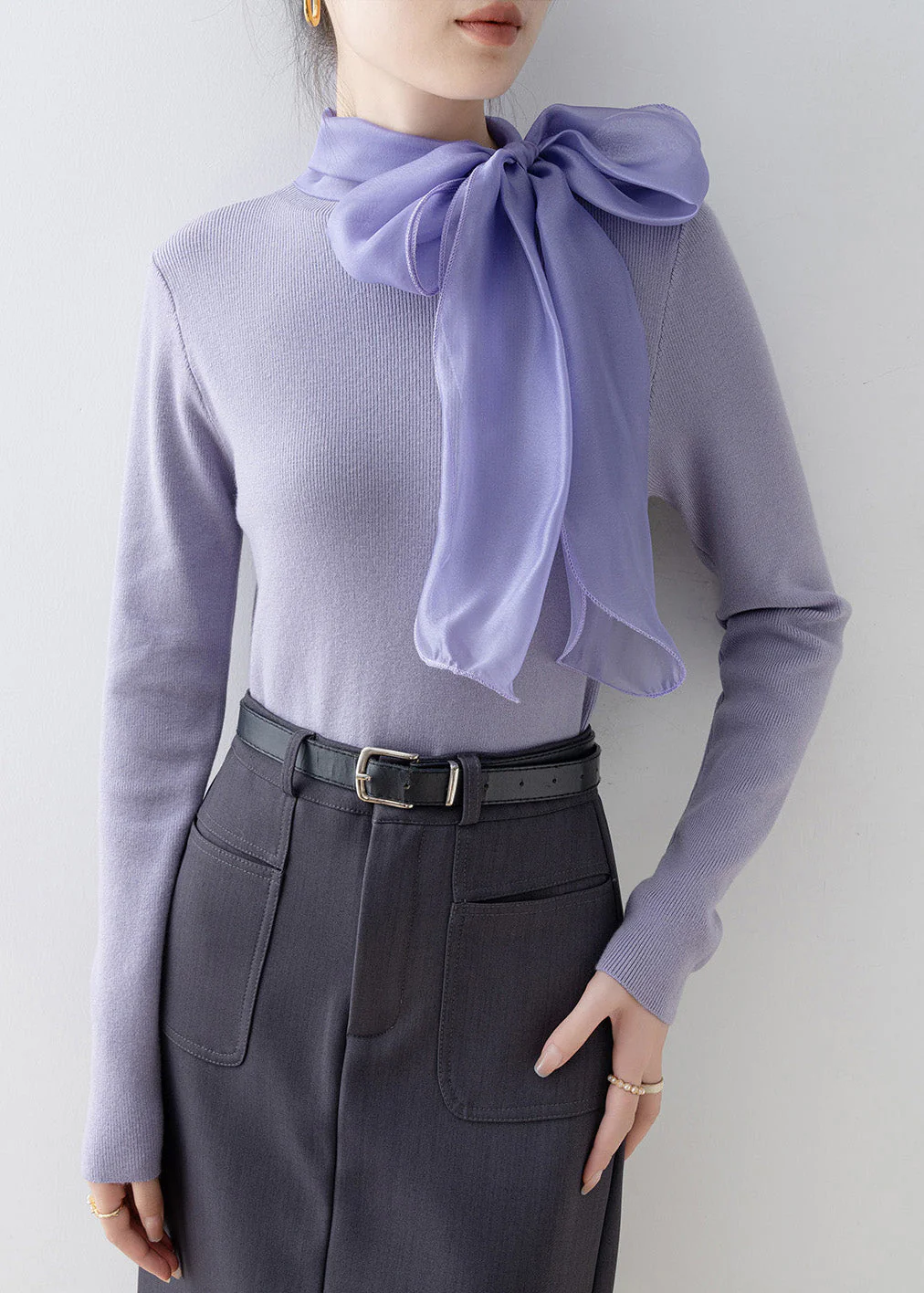 Slim Fit Purple Hign Neck Bow Knit Sweaters Spring - Image 3