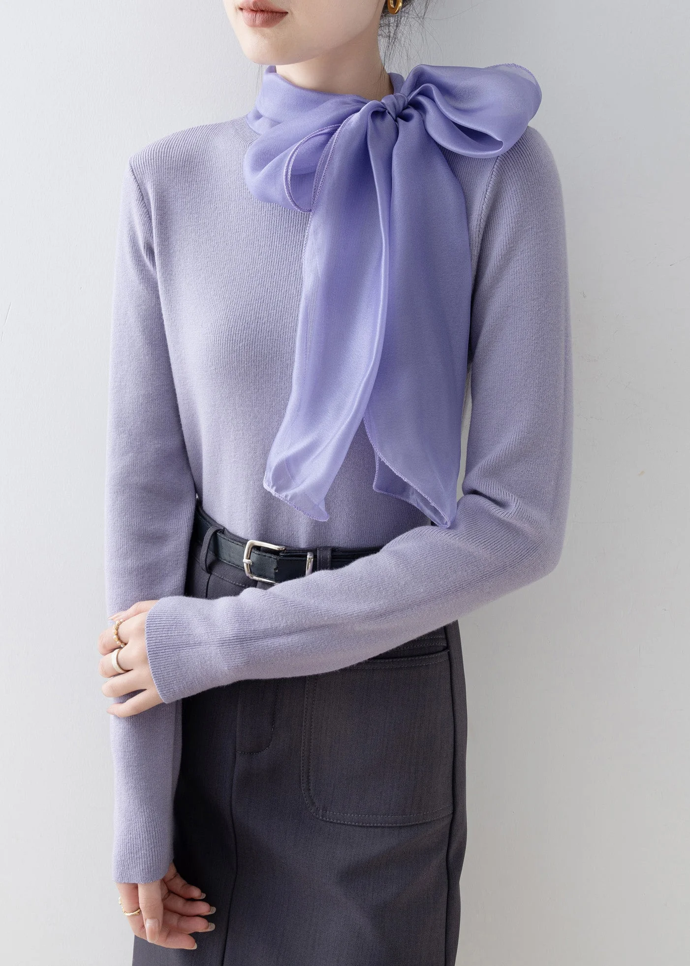 Slim Fit Purple Hign Neck Bow Knit Sweaters Spring - Image 4