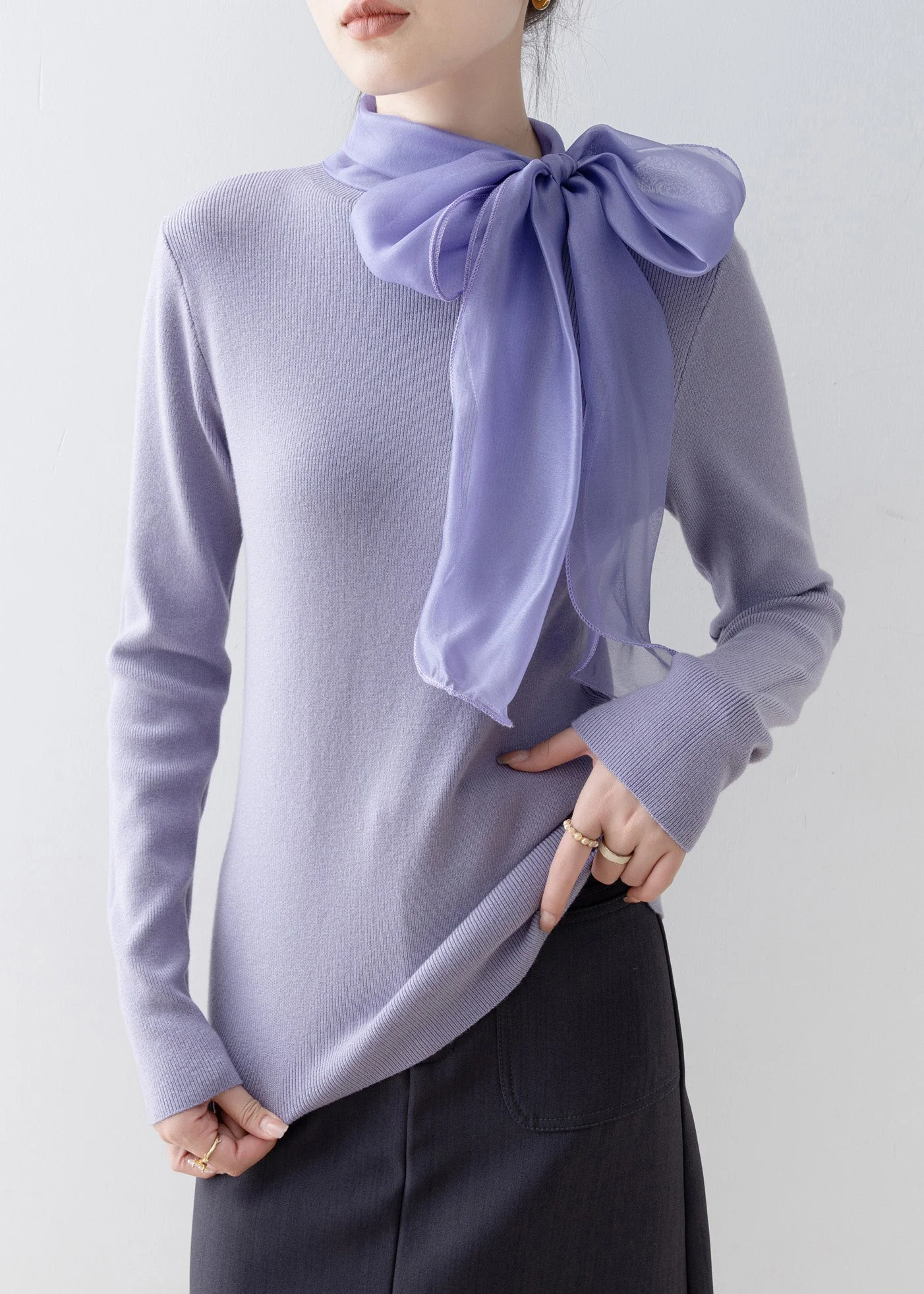 Slim Fit Purple Hign Neck Bow Knit Sweaters Spring - Image 5