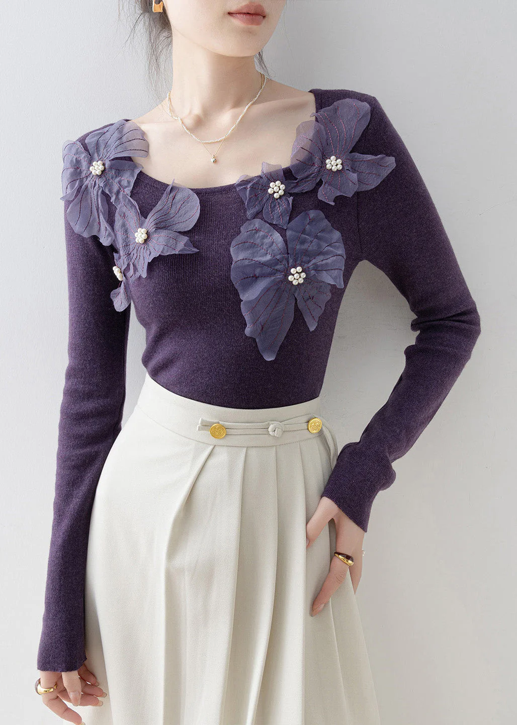 Slim Fit Purple O Neck Nail Bead Floral Knit Top Spring - Image 3