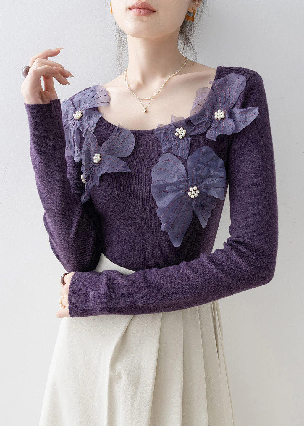 Slim Fit Purple O Neck Nail Bead Floral Knit Top Spring - Image 4