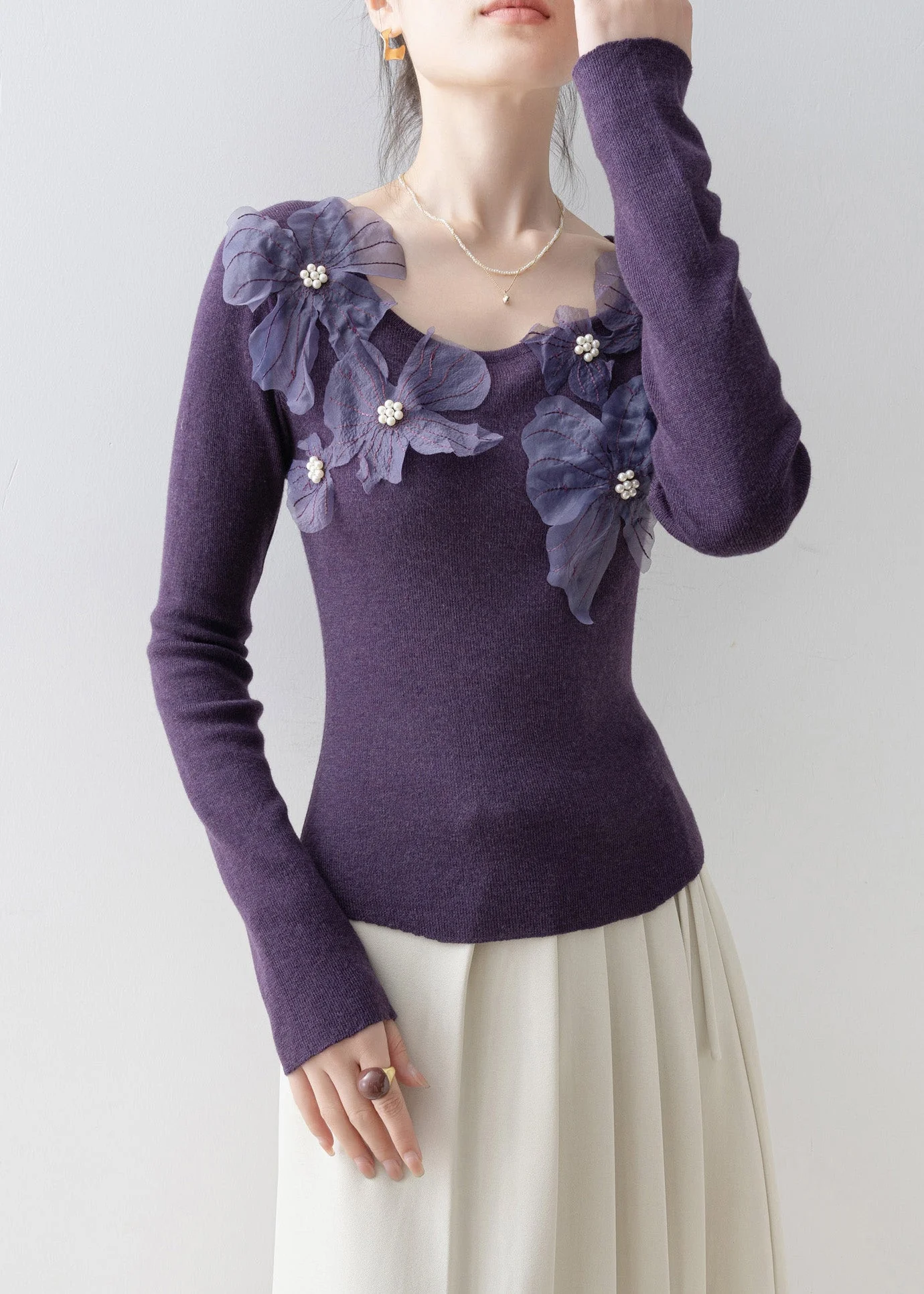 Slim Fit Purple O Neck Nail Bead Floral Knit Top Spring - Image 5