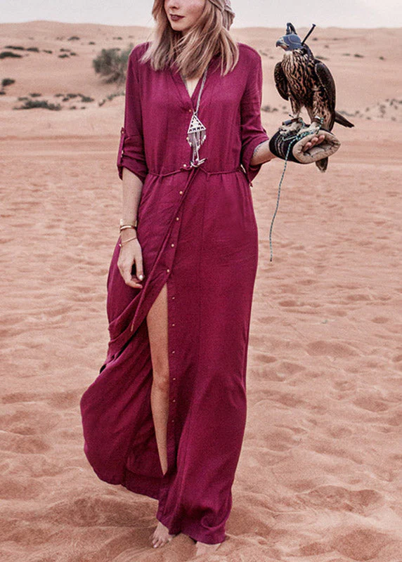 Slim Fit purple V Neck Tie Waist Button Ankle Holiday Dress Long Sleeve - Image 5