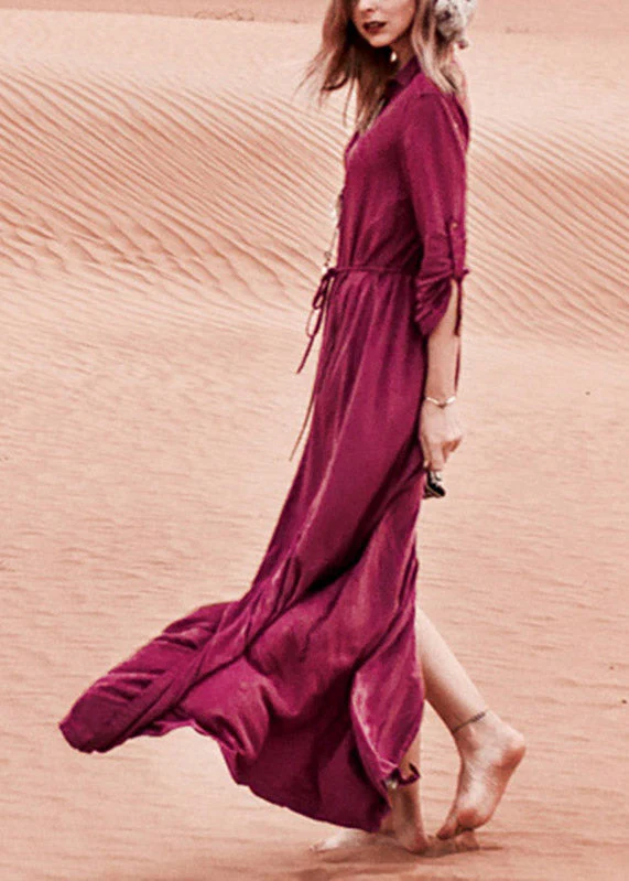Slim Fit purple V Neck Tie Waist Button Ankle Holiday Dress Long Sleeve - Image 7