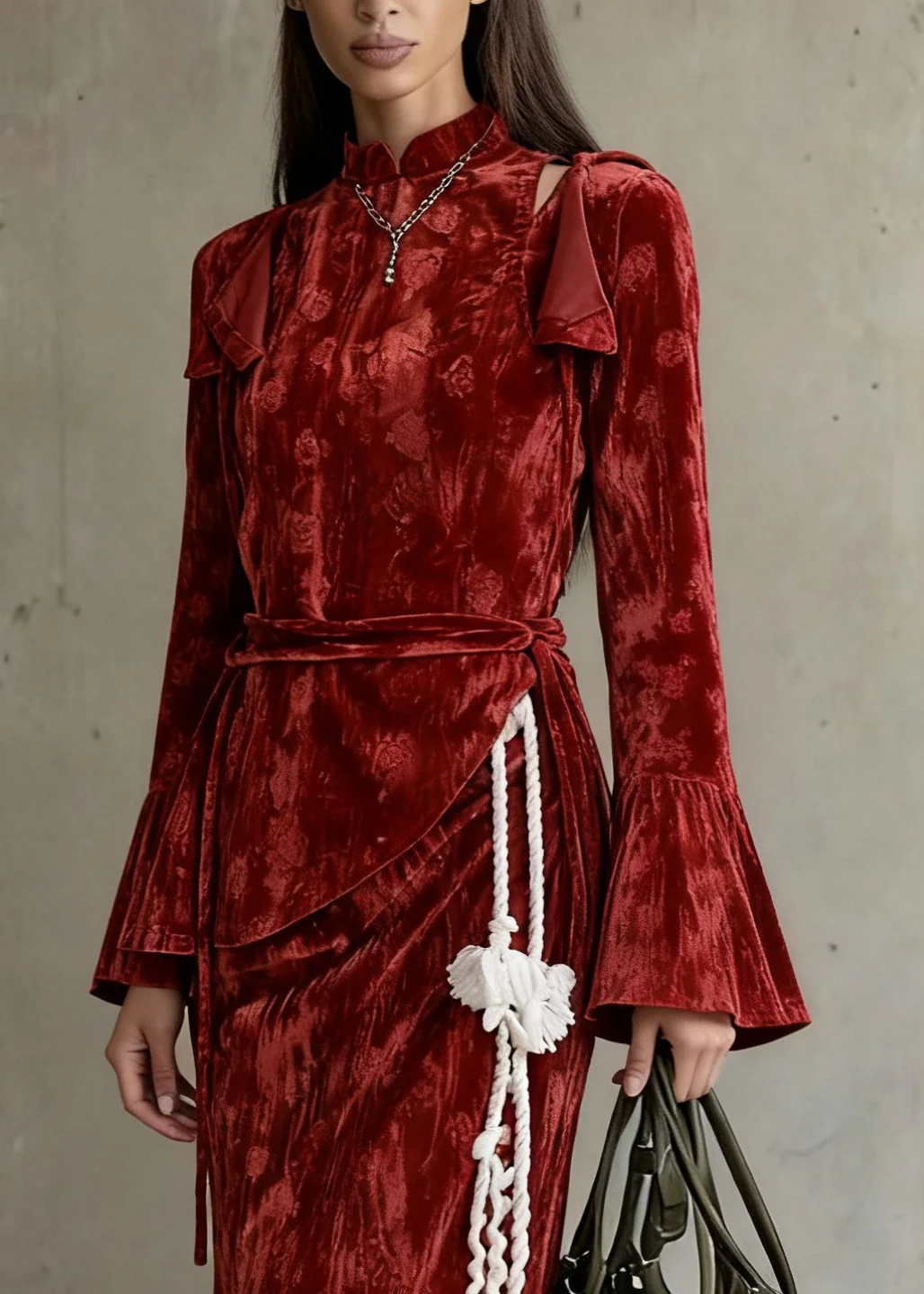 Slim Fit Red Asymmetrical Lace Up Silk Velvet Three Piece Set Flare Sleeve - Image 2