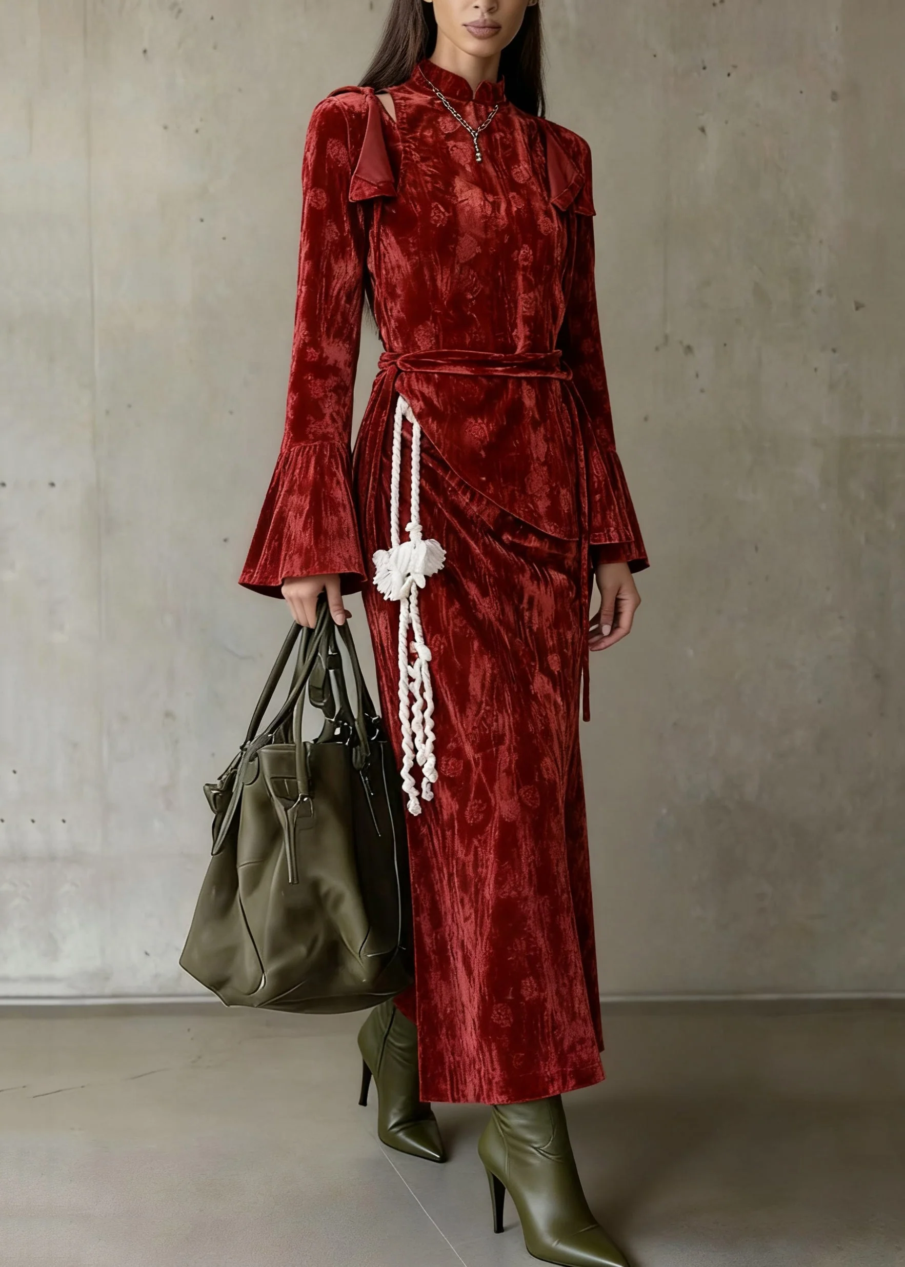 Slim Fit Red Asymmetrical Lace Up Silk Velvet Three Piece Set Flare Sleeve - Image 3