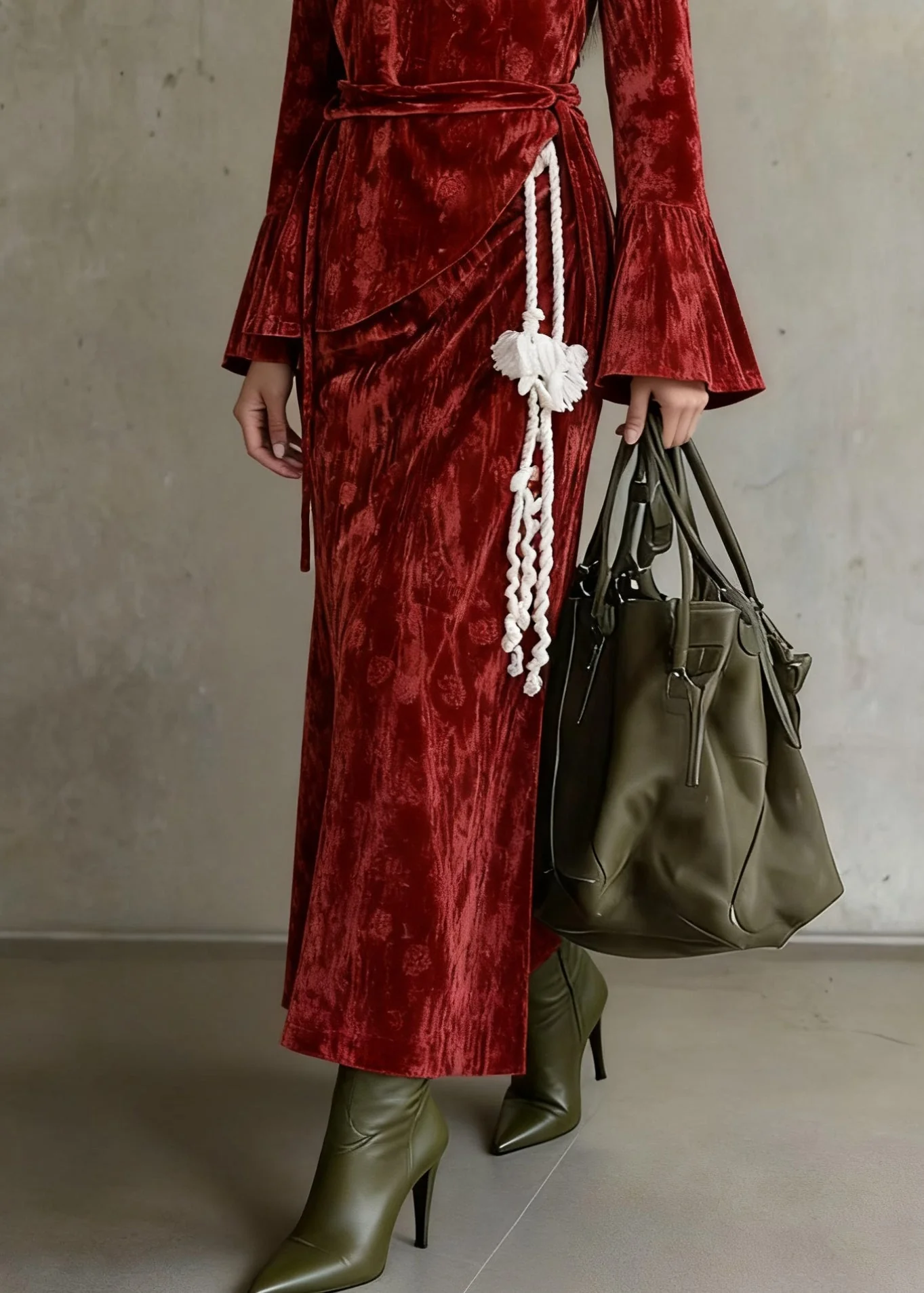 Slim Fit Red Asymmetrical Lace Up Silk Velvet Three Piece Set Flare Sleeve - Image 4