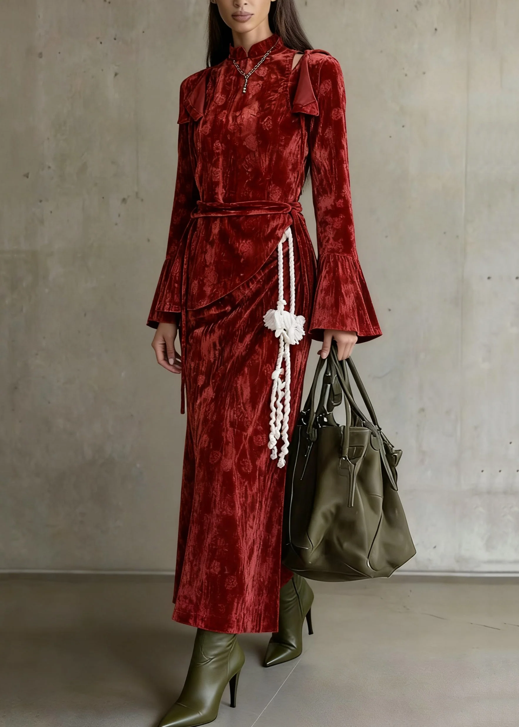 Slim Fit Red Asymmetrical Lace Up Silk Velvet Three Piece Set Flare Sleeve - Image 5