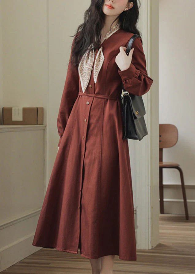 Slim Fit Red Bow Button Pockets Maxi Dress Spring - Image 2
