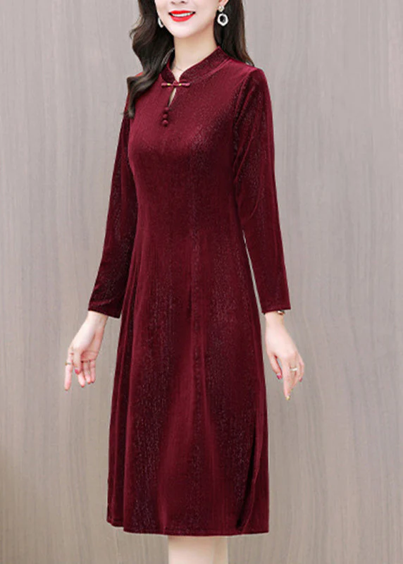 Slim Fit Red Stand Collar Button Silk Velour Long Dresses Long Sleeve - Image 2