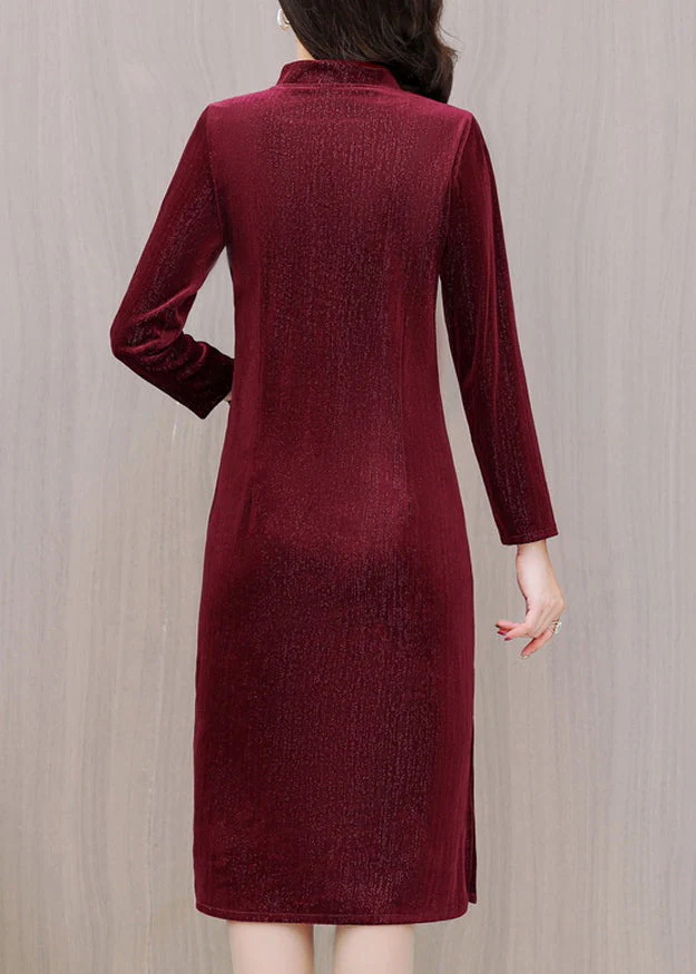 Slim Fit Red Stand Collar Button Silk Velour Long Dresses Long Sleeve - Image 3