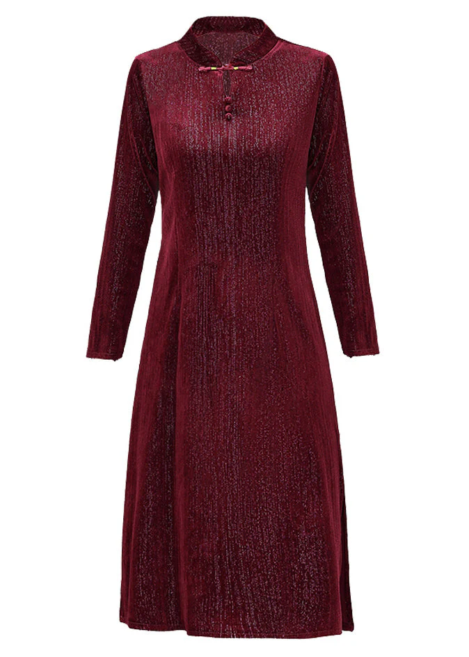 Slim Fit Red Stand Collar Button Silk Velour Long Dresses Long Sleeve - Image 5