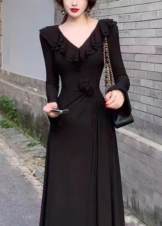 Slim Fit Red V Neck Floral Cotton Long Dress Spring - Image 2