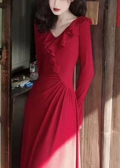 Slim Fit Red V Neck Floral Cotton Long Dress Spring - Image 3