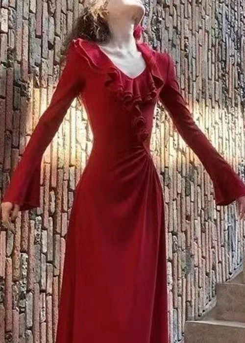 Slim Fit Red V Neck Floral Cotton Long Dress Spring - Image 4