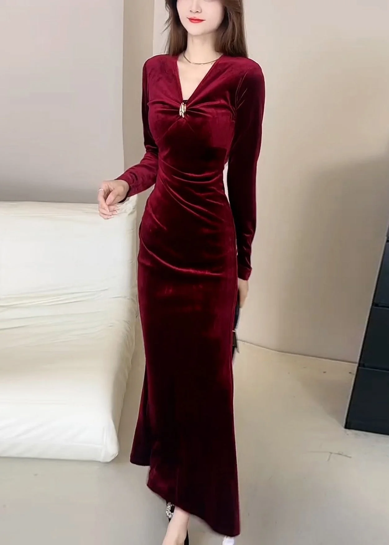 Slim Fit Red V Neck High Waist Silk Velvet Long Dress Winter - Image 3